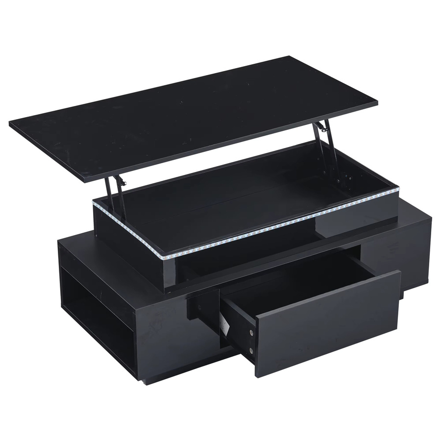 KOMHTOM Höhenverstellbarer Couchtisch in Schwarz mit Hochglanz-Finish, LED-Beleuchtung und verstecktem Stauraum inklusive Schublade - Bild 2