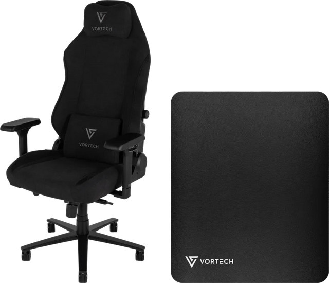 Vortech Prestige Plus Gaming-Stuhl mit Kopfstütze und Armlehnen in Schwarz inklusive Vortech Bodenschutzmatte in Schwarz - Bild 1