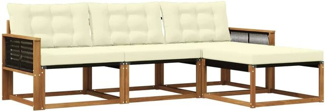 vidaXL Outdoor-Sofagarnitur L-Form aus Akazienholz mit Kissen und Ottoman in Natur und Beige - Bild 1