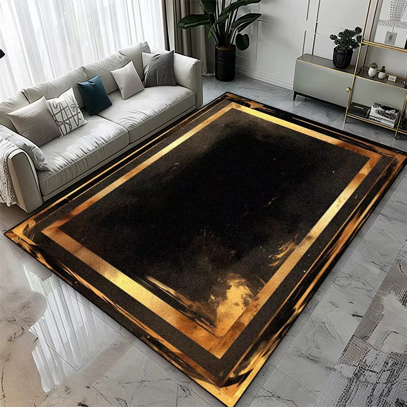 Klassischer rechteckiger Teppich in Beige mit goldenem griechischem Schlüsselrand für dein Wohnzimmer - Bild 1