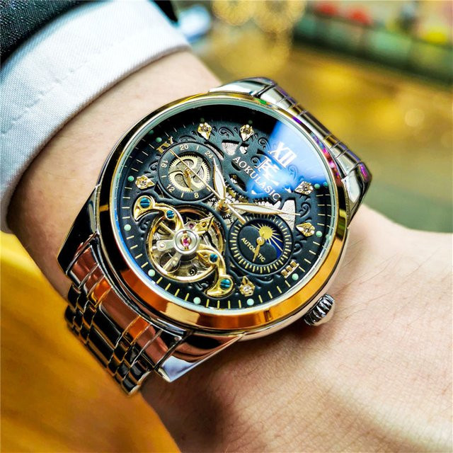 AOKULASIC Armbanduhr Automatik, Edelstahl, Gold, Mondphasenanzeige, Herren - Bild 1