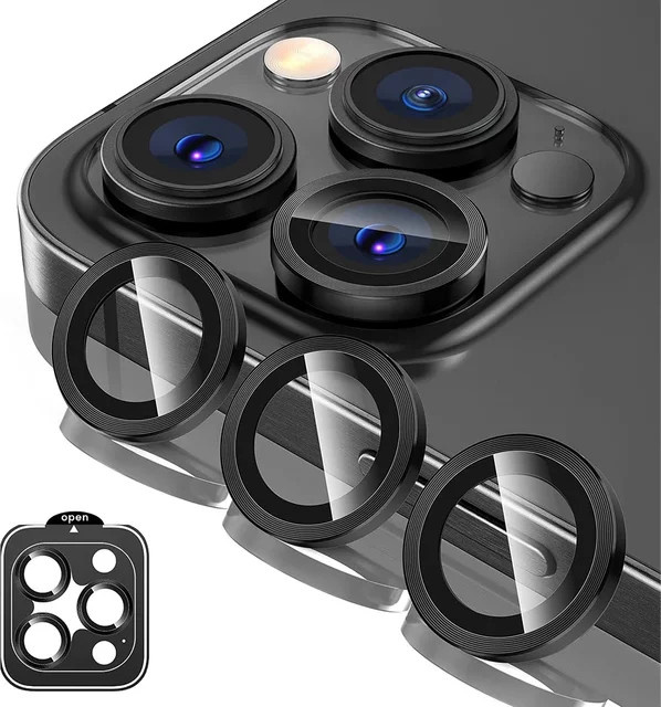 Set aus 2-3 Metall-Kameraobjektiv-Schutzabdeckungen aus gehärtetem Glas für Apple iPhone 15, 15 Plus, 16 Pro Max und 16 Plus in Schwarz und Blau - Bild 1