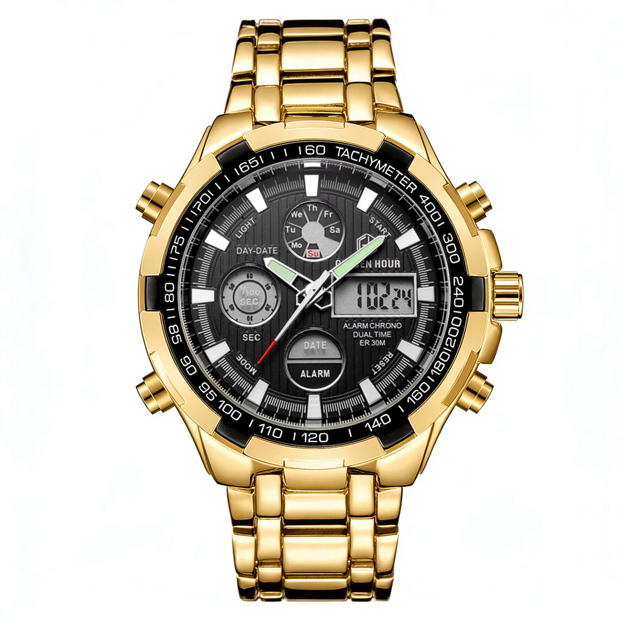 GOLDENHOUR Herren-Armbanduhr, Quarz, Edelstahl, Gold, Schwarz, Analog-Digital - Bild 5
