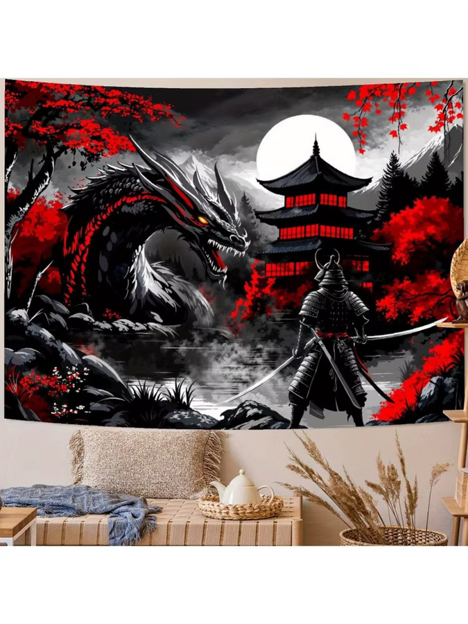 VIKAMA Wandteppich mit schwarzem Drachen im japanischen Manga-Stil, orientalischer Fantasy-Wandbehang für dein Wohnzimmer oder Schlafzimmer, Farbe: Schwarz - Bild 3