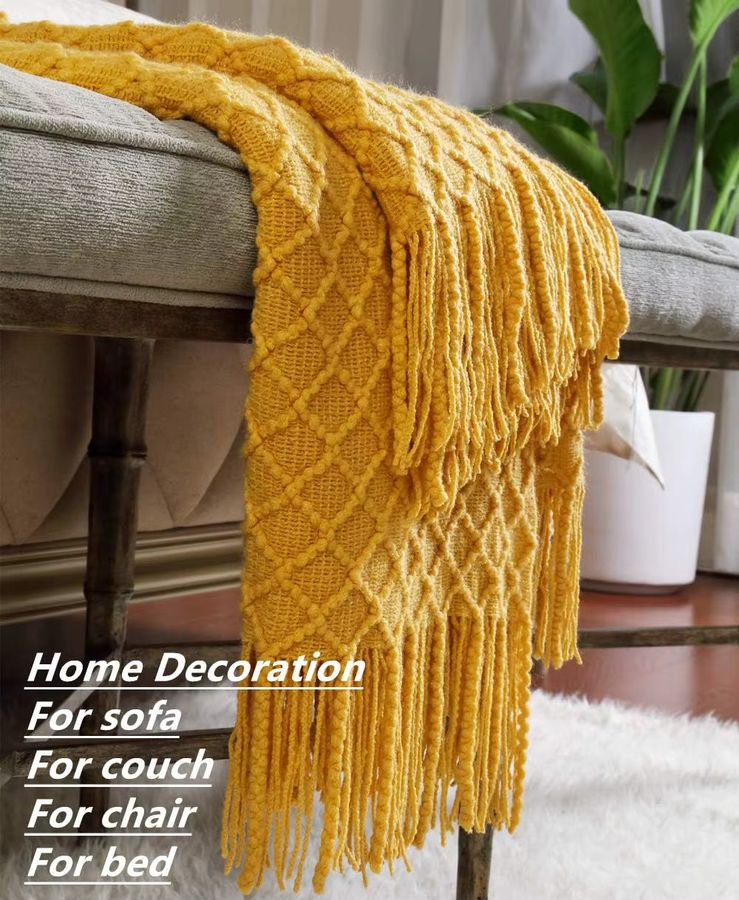 Inyahome Strickdecke aus Acryl in Gelb mit kariertem Design und Quasten - Bild 2