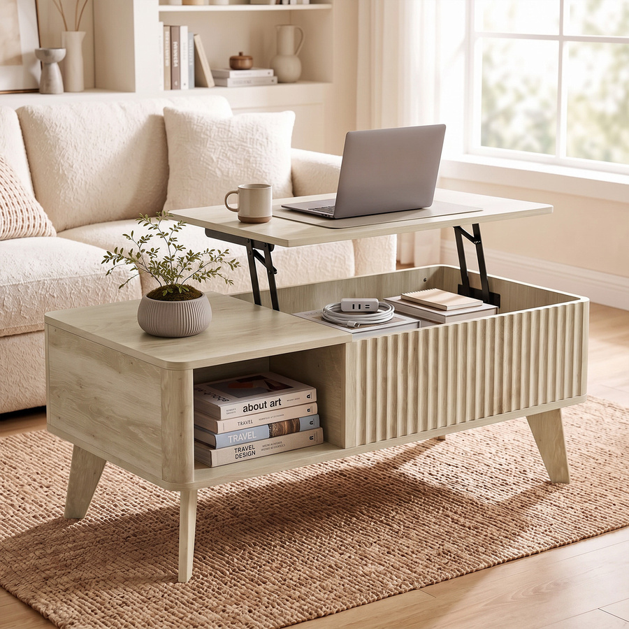 Aosom HOMCOM Hochklappbarer Couchtisch im Mid-Century-Stil mit verstecktem Fach und 2 offenen Regalen, Eiche, B/T/H: 100 x 48 x 41 cm - Bild 2