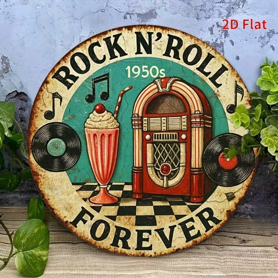 RetroCraft Vintage Wandkunst aus Aluminium Metall im 1950er Rock'n'Roll Design mit Jukebox, Gitarre und Retro Auto, Mehrfarbig - Bild 3