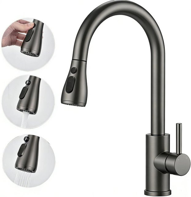 AICA Küchenarmatur ausziehbar in Gunmetal Grey mit zwei Wasserauslassmodi und 360 Grad drehbarem Spültischarmatur - Bild 1