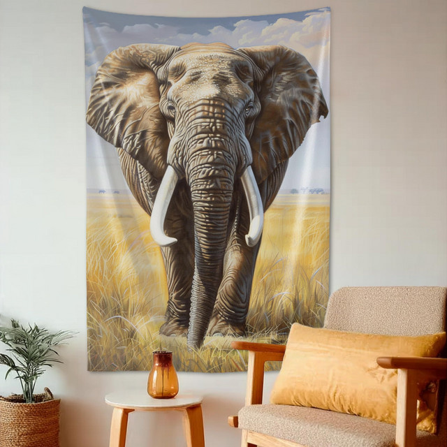 VIKAMA Wandteppich Afrikanische Savanne mit Elefanten im realistischen Ölgemälde-Stil, Mehrfarbig - Bild 1