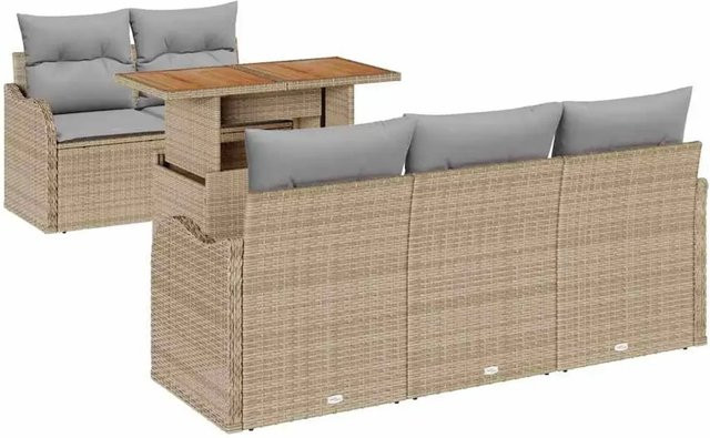 vidaXL 6-teiliges Garten-Sofa-Set in L-Form mit Ottoman und Kissen, Beige, Poly-Rattan und Metallrahmen - Bild 1