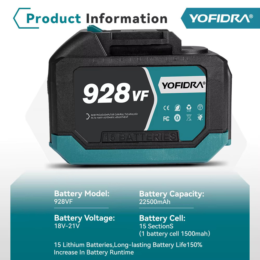 YOFIDRA Lithium-Akku mit Digitalanzeige für Kettensägen, Bohrer und Elektrowerkzeuge, 21V 18V, 22500mAh/15000mAh/928VF/388VF - Bild 1