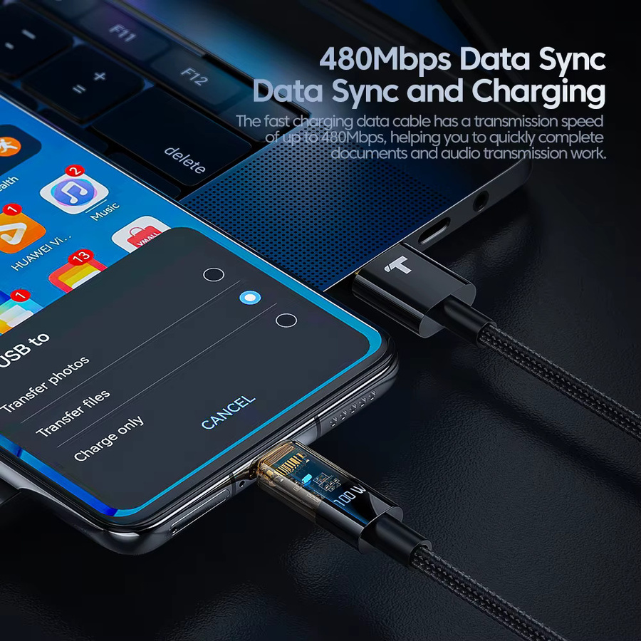 Toocki USB-A auf USB-C Schnellladekabel 100W/6A PD in Schwarz, Länge: 2 m - Bild 3