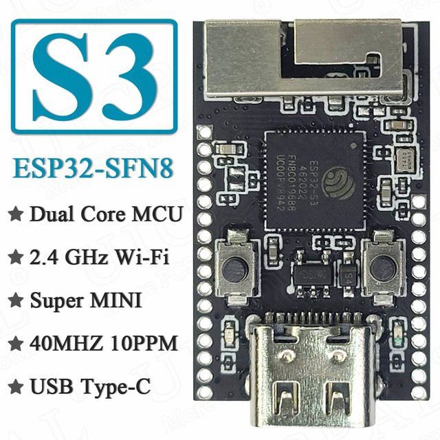 MINI ESP32-S3 Entwicklungsboard-Modul mit 8 MB Flash, WiFi und Bluetooth, Typ-C Anschluss, Schwarz - Bild 1