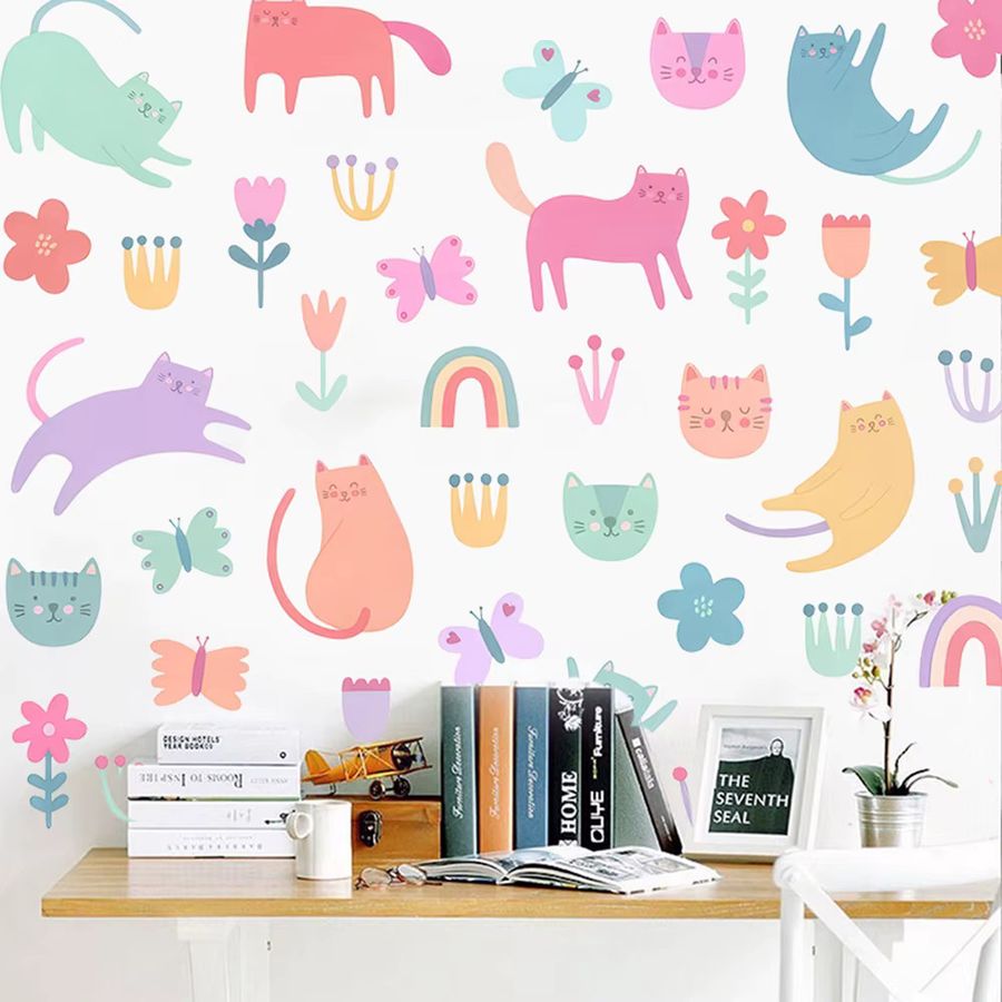 Duruibom Wandtattoo Aquarell Blume Katze im Boho-Stil, Multicolor, ideal für Kinderzimmer und Schlafzimmer - Bild 2