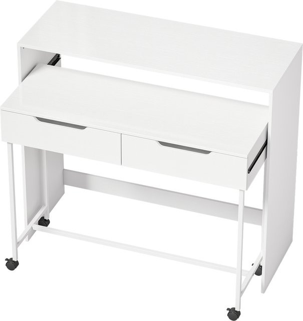 HOMCOM Ausziehbarer Computertisch mit 2 Schubladen und Rollen in Weiß, Moderner Schreibtisch mit Edelstahlfüßen für kleine Räume - Bild 1