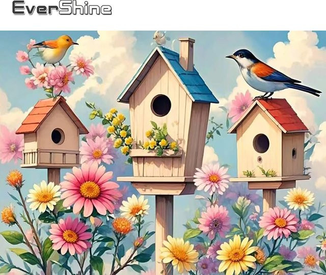 EverShine Diamantmalerei DIY Set mit Haus, Vogel und Blumen in Mehrfarbig, B/H: 30 x 20 cm - Bild 1