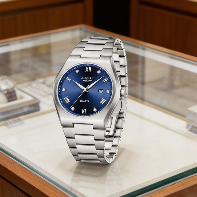 LIGE Armbanduhr Quarz, Edelstahl, Blau, Herren - Bild 1