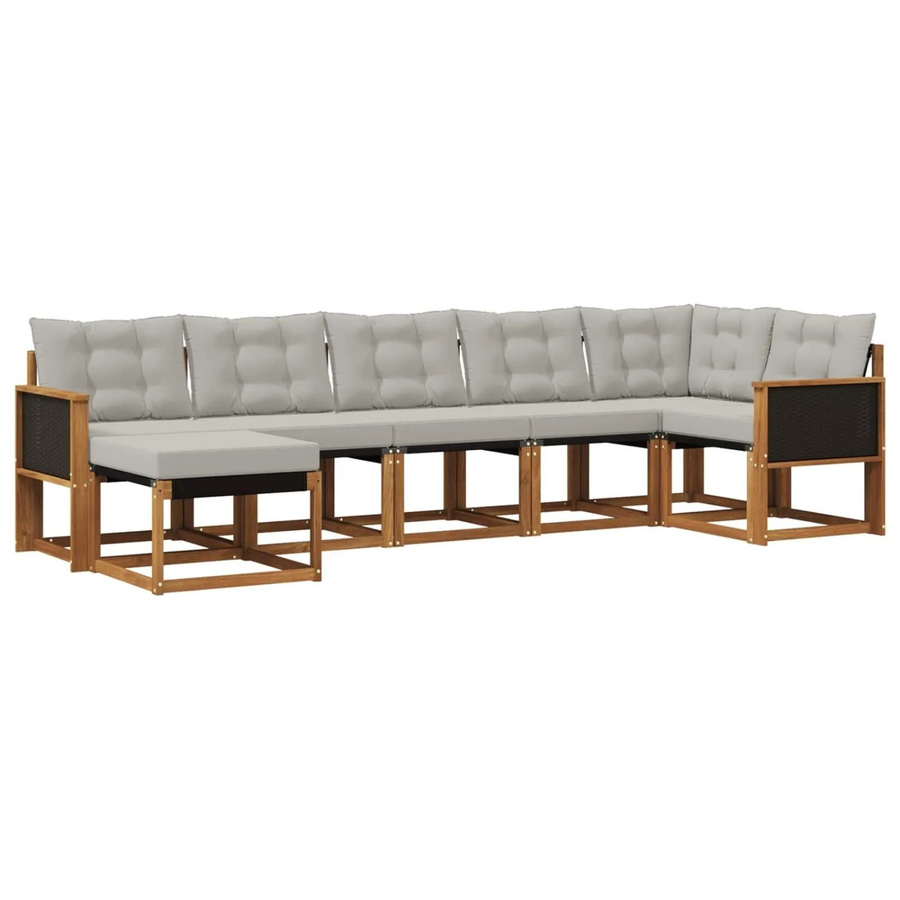 vidaXL Outdoor-Sofagarnitur L-Form aus Akazienholz mit Textilene und Kissen, 7-teiliges Set in Natur und Hellgrau - Bild 2