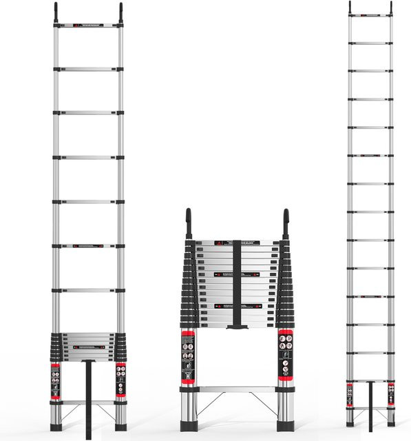 DayPlus Teleskopleiter aus Edelstahl in Silber mit abnehmbaren Haken, 5 m Länge, maximale Tragfähigkeit 150 kg - Bild 1