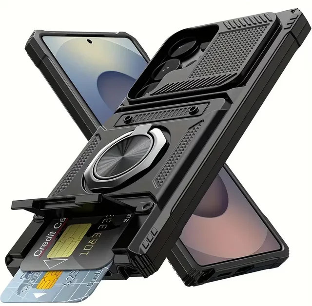 ZEKS Robuste Handyhülle für Samsung Galaxy S25 S24 S23 Ultra A16 A15 A14 A25 A35 A55 A56 5G mit magnetischem Ring und verstecktem Kartenfach in Schwarz - Bild 1