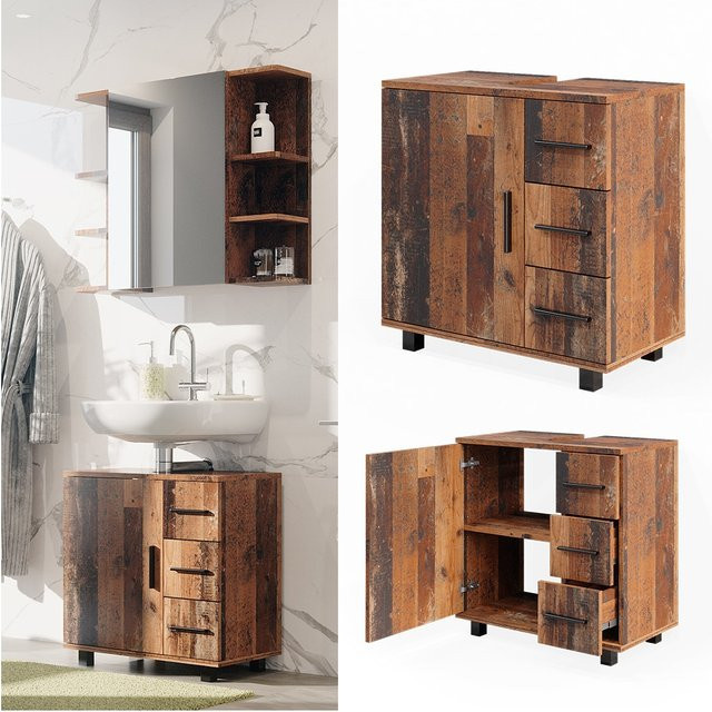 Vicco Waschtischunterschrank Ilias Old Style in Eiche Braun mit 1 Tür und 3 Schubladen, B/T/H: 60 x 61 x 61 cm - Bild 1