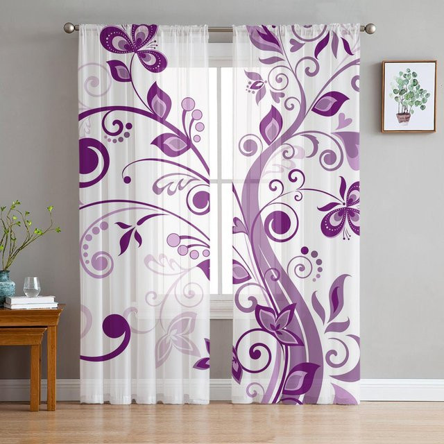Super Six Voile Vorhang Lila mit floralem Design, Breite: 135 cm, Höhe: 114 cm - Bild 1