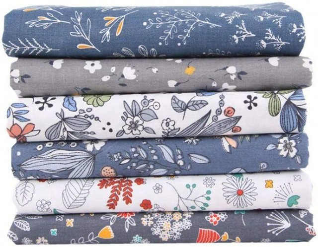 WENYUYA 6-teiliges Baumwollstoff-Set mit Blumen-, Gras- und Blattmustern in Grau, Dunkelblau und Karomuster für DIY-Taschen, B/B/B: 25 x 25 x 25 cm - Bild 1