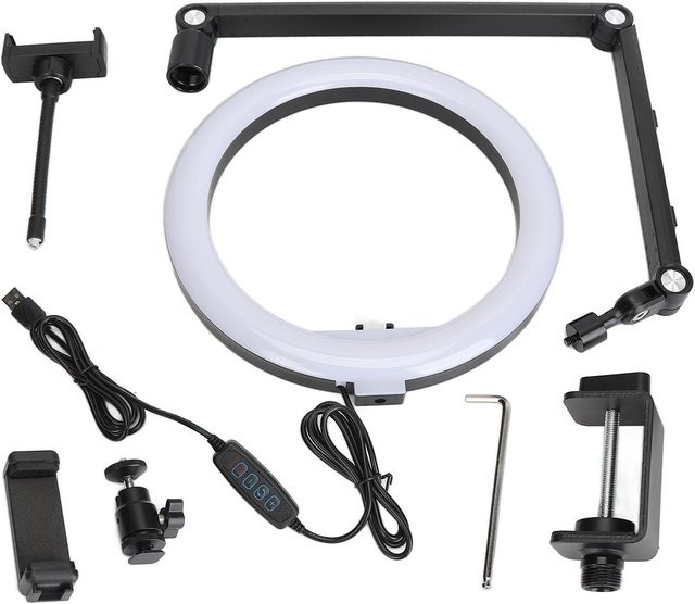 Andoer LED Ringlicht für Live Streams, 25,4 cm, dimmbar und winkelverstellbar mit Clip und Smartphone-Halterung, Weiß - Bild 1