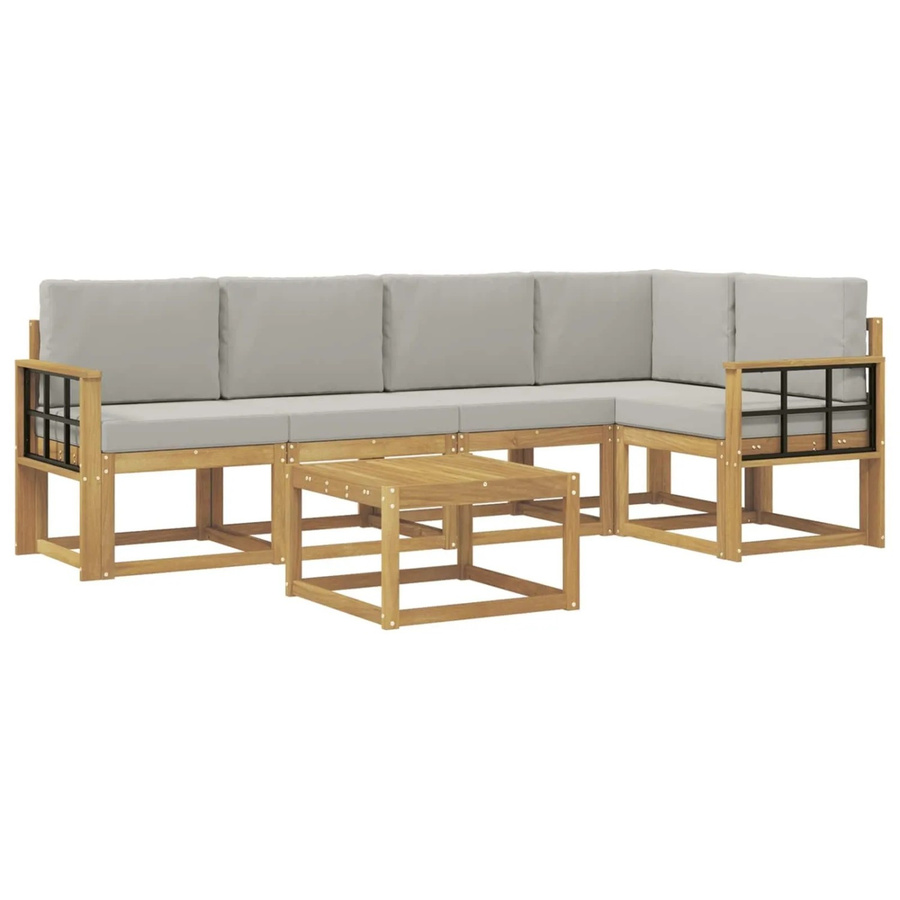 vidaXL Outdoor-Sofagarnitur 6-teilig in L-Form aus massivem Akazienholz mit Polsterkissen in Weiß und Hellgrau - Bild 2