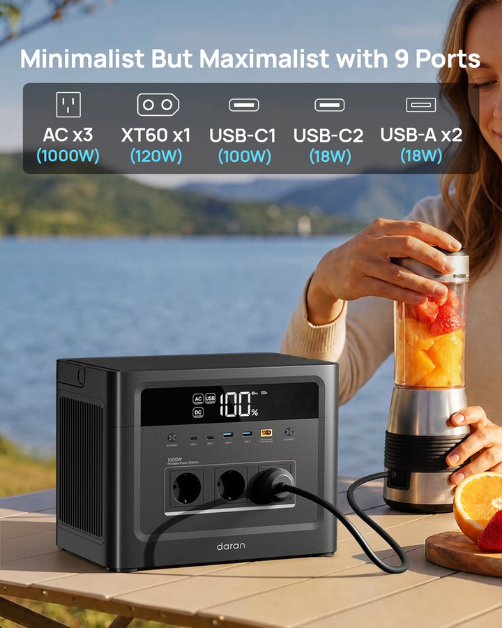 Daran Cubus 1000 MAX Tragbare Powerstation mit 1152Wh LiFePO4-Batterie und 100W Solargenerator in Schwarz - Bild 5