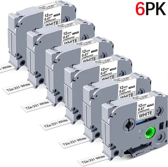 6er Pack Brother TZE231 Etikettenband 12 mm Schwarz auf Weiß kompatibel mit PTH110, PTD600 und P710BT - Bild 1