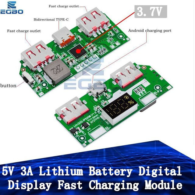 EGBO IP5356 Lithiumbatterie Schnelllademodul mit Digitalanzeige, 5V 3A, Type-C und Micro USB, Farbe: Grün - Bild 1