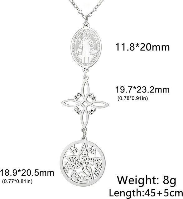 Rui Di Halskette Edelstahl, St. Benedikt, Hexen Knoten, Pentagramm, 45cm, Unisex - Bild 1
