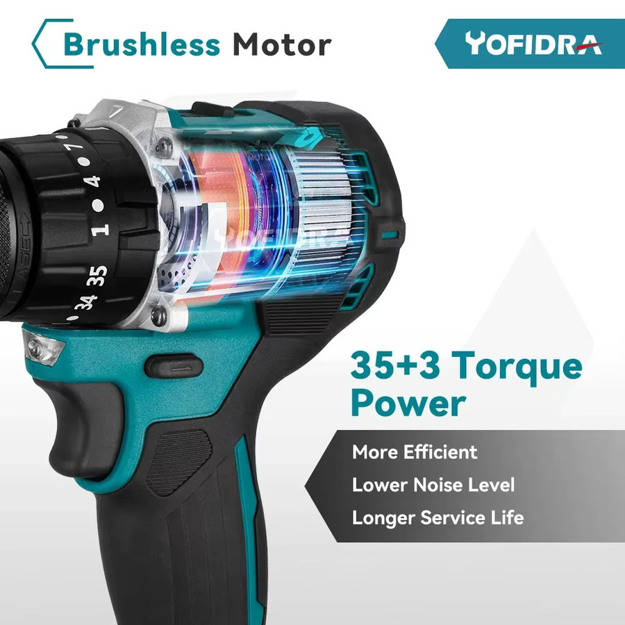 YOFIDRA Bürstenlose elektrische Schlagbohrmaschine und Akkuschrauber mit 35+3 Drehmomentstufen, 13 mm Bohrfutter, kompatibel mit Makita 18 V LXT Akkus - Bild 3