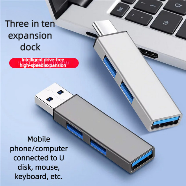 USB 3.0 Hub mit 3 Ports und Typ-C Anschluss, Ultra Slim Multi Splitter für PC in Silber/Grau inklusive Netzteil - Bild 1