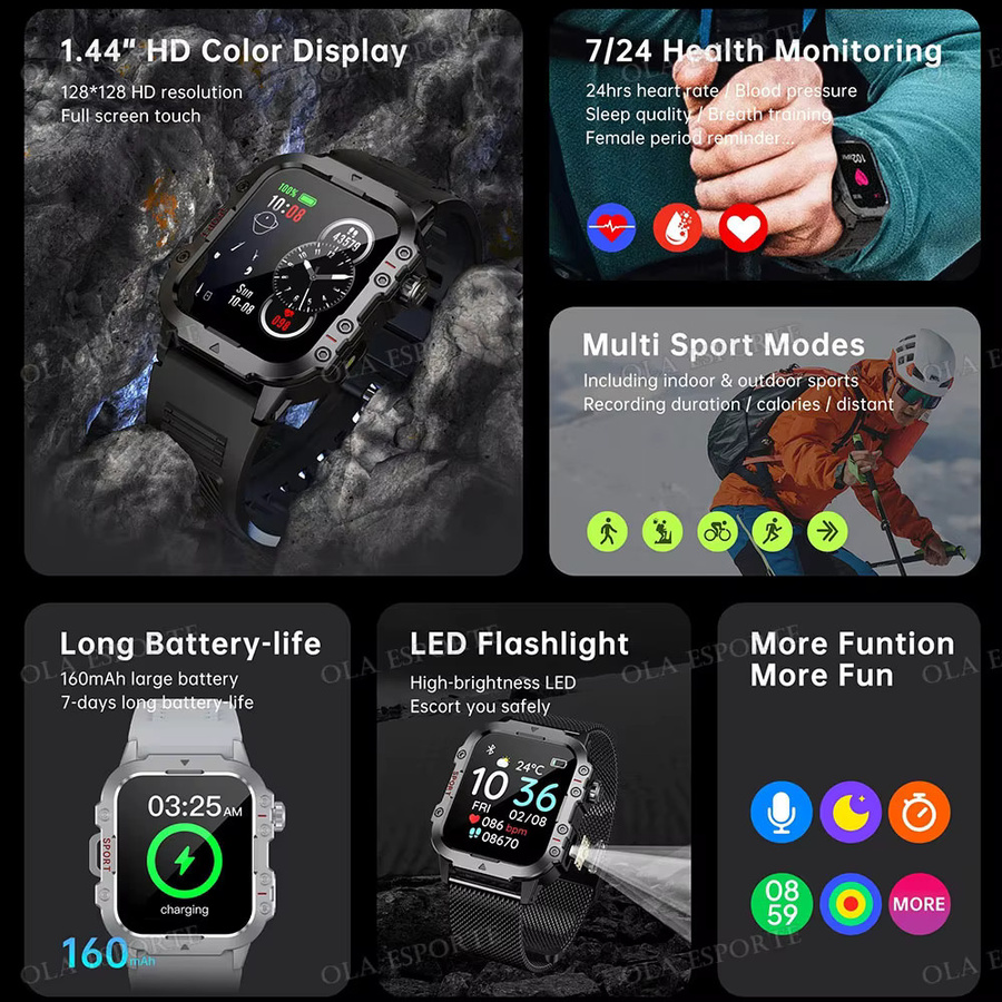 Ola Esporte Outdoor-Sport-Smartwatch mit LED-Taschenlampe und Bluetooth-Anruf für Damen und Herren in Schwarz oder Grau - Bild 2