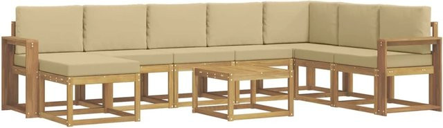 vidaXL Outdoor-Sofagarnitur 9-tlg. in L-Form mit Kissen und Couchtisch, Weiß und Beige, Akazienholz - Bild 1