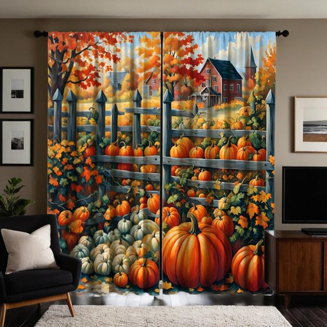 2er-Set dekorative Vorhänge mit Kürbis- und Ahornwald-Motiv in Gelb und Orange, Breite: 132 cm, Höhe: 160 cm - Bild 1