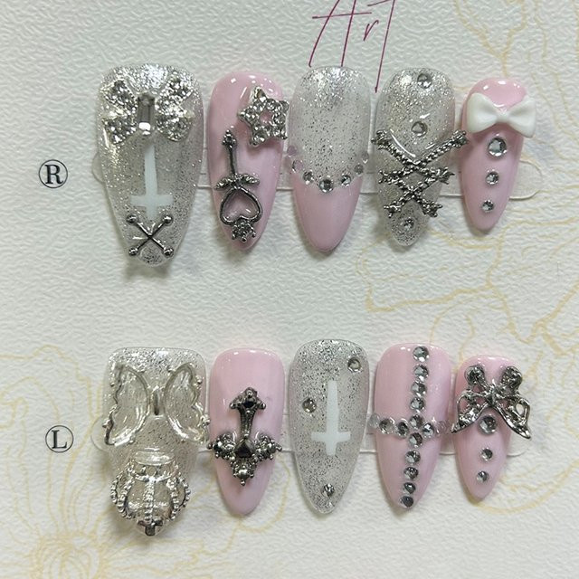 Y2K Gyaru Press-on Nails, Rosa, 3D Schmetterling Stern Kreuz Diamant, Glänzend - Bild 1