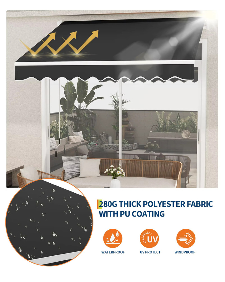 HiMISS Manuell Einziehbare Terrassenmarkise aus Aluminium mit UV-Schutz und Wasserdichtem Polyester in Schwarz - Bild 4