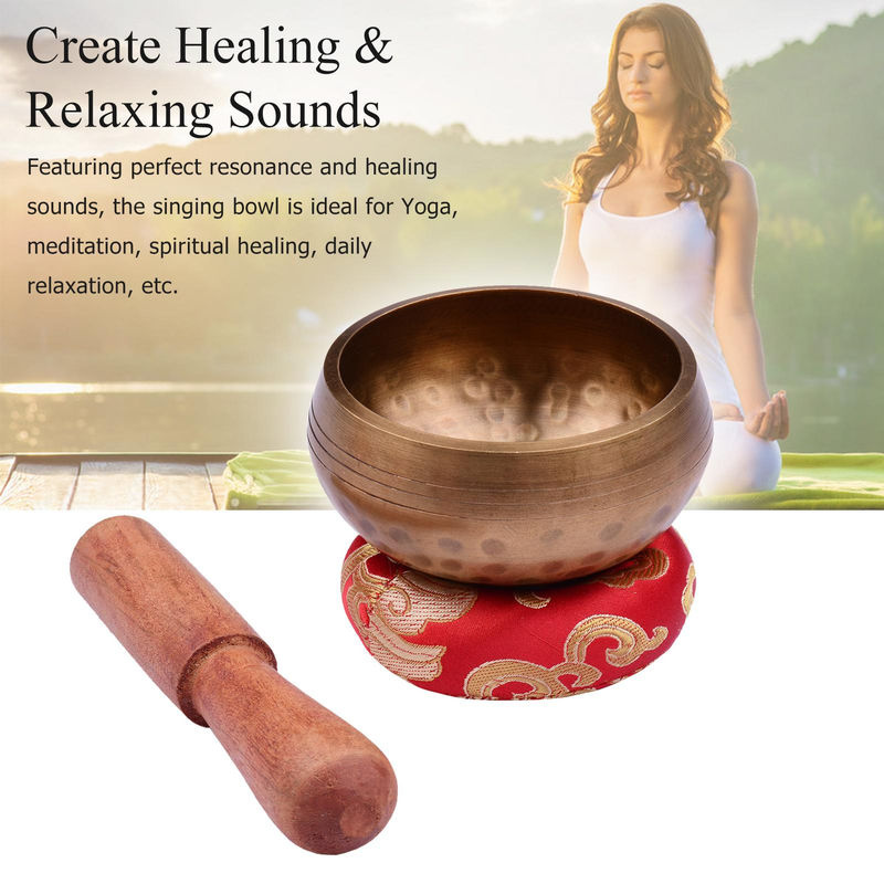 Muslady Tibetisches Klangschalen-Set für Meditation aus Metall in Gold mit Kissen und Holzschlägel, Durchmesser: 8 cm - Bild 8
