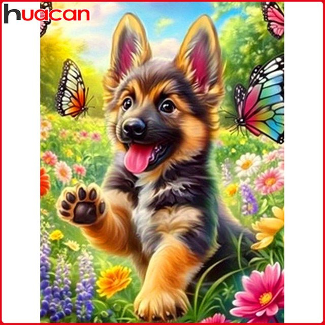 Huacan Diamantmalerei Hund und Blumen als dekoratives Tierkunst-Mosaik in Multicolour, B/H: 30 x 20 cm - Bild 1