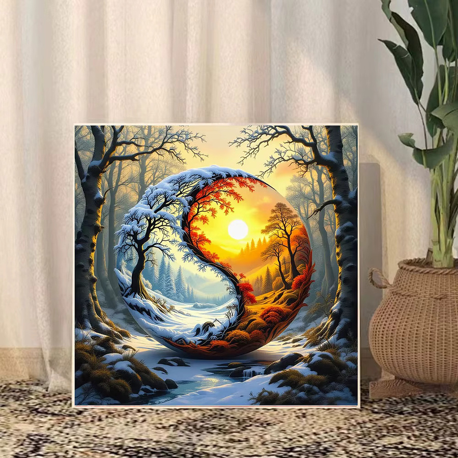 Huacan Diamantmalerei Jahreszeiten Landschaft mit Tai Chi Form, Mosaik Stickerei in Multicolour, B/T/H: 20 x 20 x 20 cm - Bild 3