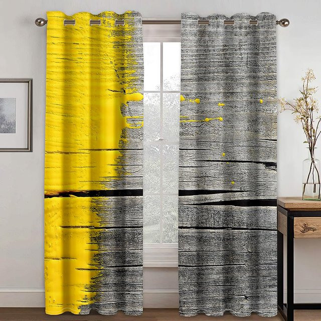 Moderner Vorhang mit grafischem Kurven-Print in Gelb, semi-transparent, Polyester, Höhe: 130 cm, Breite: 100 cm - Bild 1
