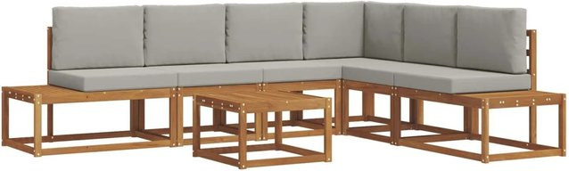 vidaXL Outdoor-Sofagarnitur L-Form aus massivem Akazienholz mit 7 Kissen in Natur und Hellgrau - Bild 1