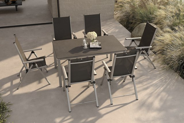 Kettler BasicPlus Pro Garten-Essgruppe aus Aluminium und Textilene in Silber/Anthrazit mit Tisch und 6 Klappstühlen, Tischbreite: 160 cm, Tischtiefe: 95 cm - Bild 1