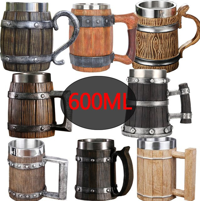 CHANSUNRUN Doppelwandiger Bierbecher im Wikinger Stil aus Edelstahl und Holzoptik, Braun - Bild 1