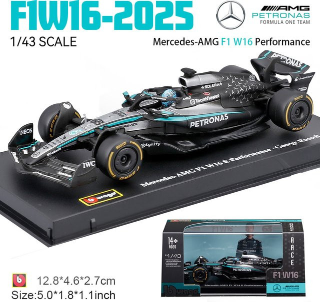 Bburago 2025 F1 W16 Mercedes-AMG 63 # George Russell 12 # Andrea Kimi Antonelli, Automodell, 1:43, ab 14 Jahren - Bild 1