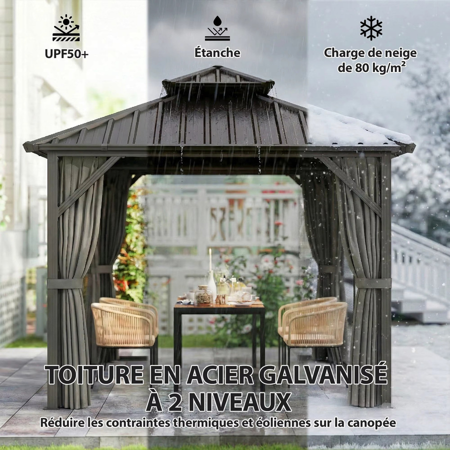 Outsunny Pavillon mit Aluminium-Rahmen und Doppel-Stahlblech-Dach in Grau, B/T: 300 x 300 cm, UPF50+ mit Vorhängen und Moskitonetzen - Bild 5