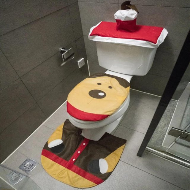 Mechamaxon Weihnachts-Toilettensitzbezug und Badezimmermatte mit Weihnachtsmann-Design in Rot - Bild 1
